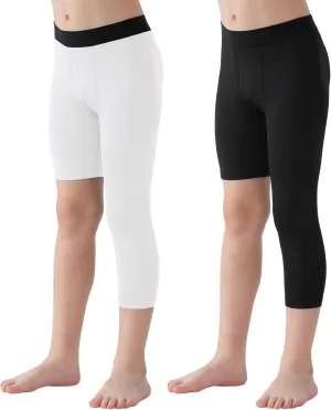 2 Pack Boys Youth One Leg 3/4 Compression Pants Tights for Basketball Running Capris Gym Athletic Base Layer Leggings