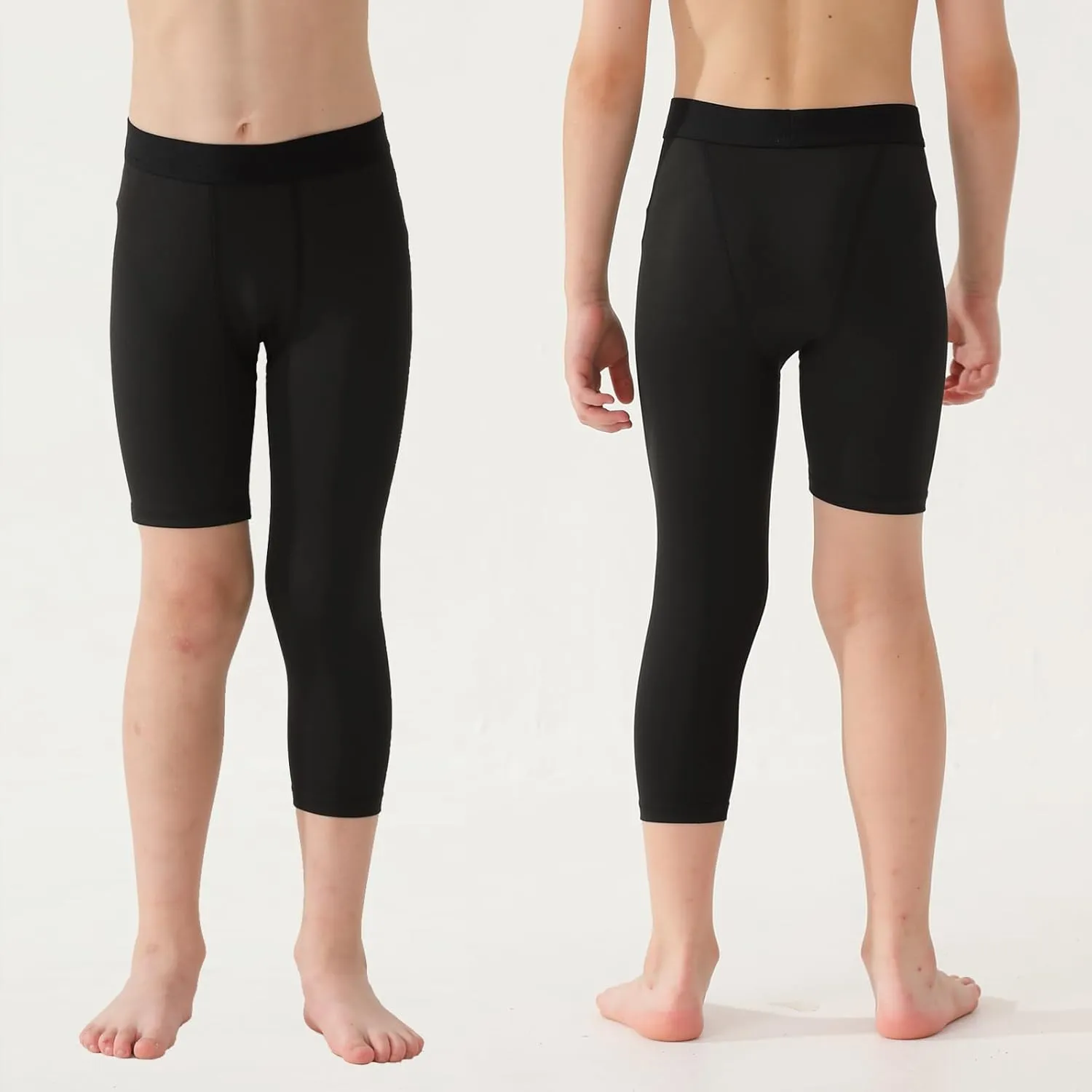 2 Pack Boys Youth One Leg 3/4 Compression Pants Tights for Basketball Running Capris Gym Athletic Base Layer Leggings