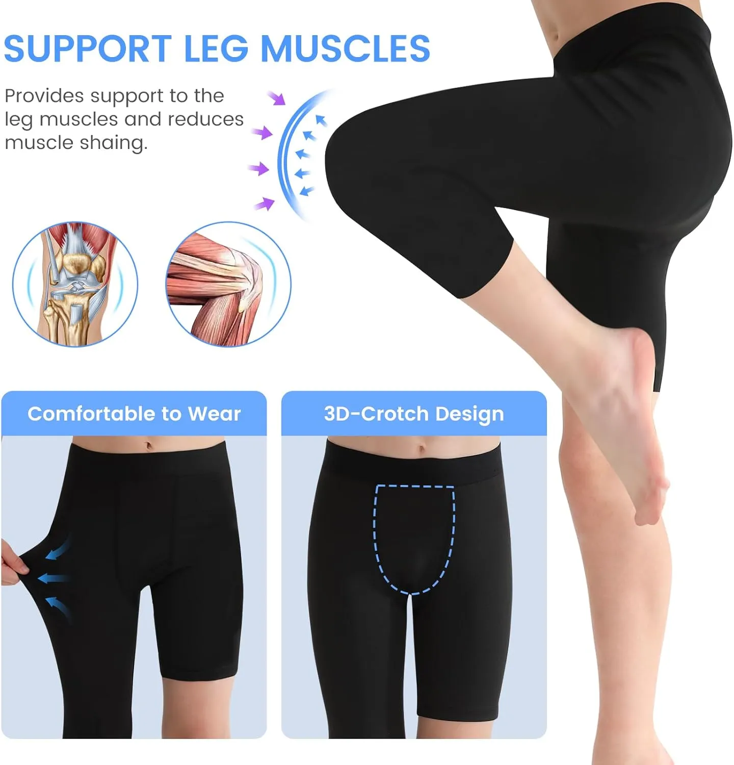 2 Pack Boys Youth One Leg 3/4 Compression Pants Tights for Basketball Running Capris Gym Athletic Base Layer Leggings
