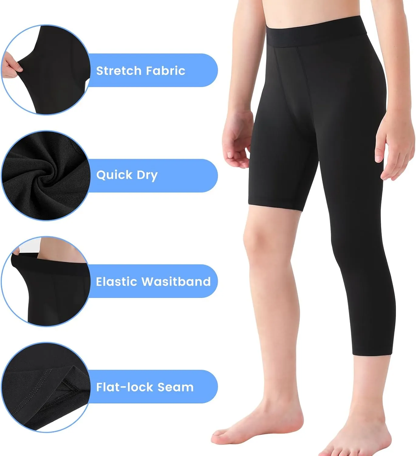 2 Pack Boys Youth One Leg 3/4 Compression Pants Tights for Basketball Running Capris Gym Athletic Base Layer Leggings