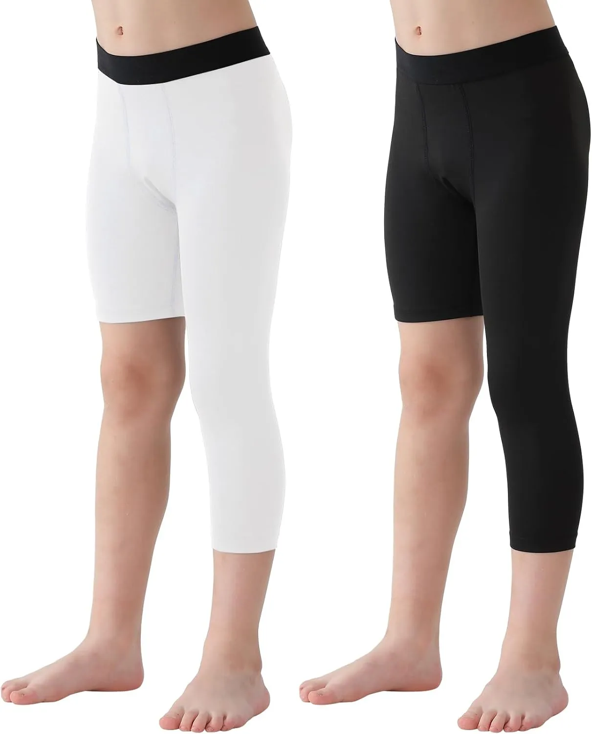 2 Pack Boys Youth One Leg 3/4 Compression Pants Tights for Basketball Running Capris Gym Athletic Base Layer Leggings