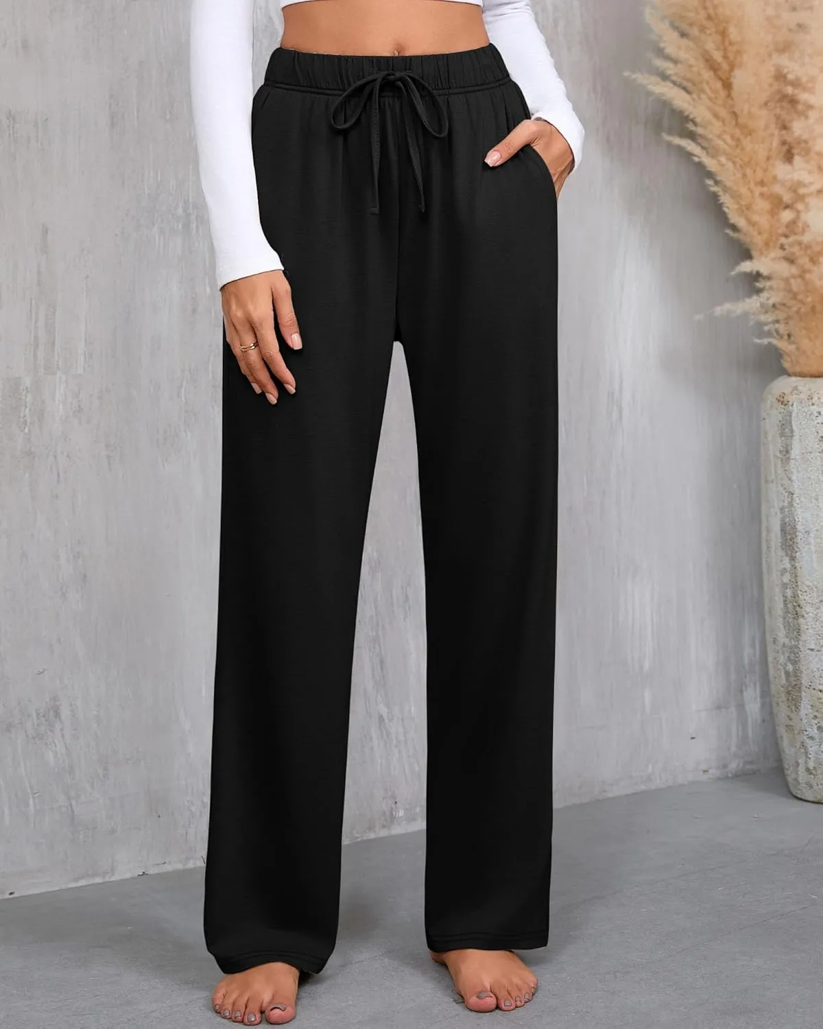3 Pack Women's Lounge Pants with Pockets Casual Wide Leg Drawstring Yoga Pants Straight Trousers Spring Bottoms
