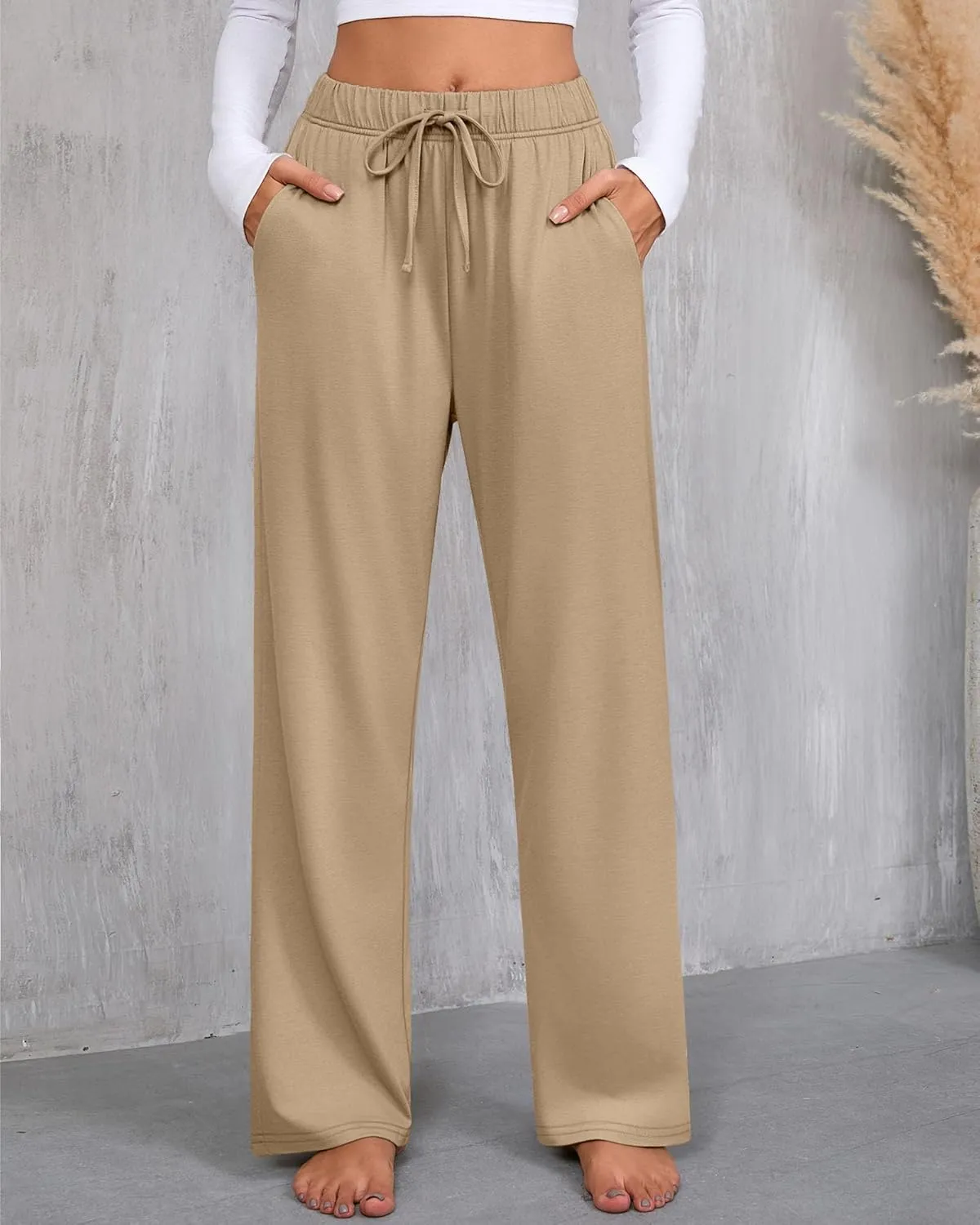 3 Pack Women's Lounge Pants with Pockets Casual Wide Leg Drawstring Yoga Pants Straight Trousers Spring Bottoms