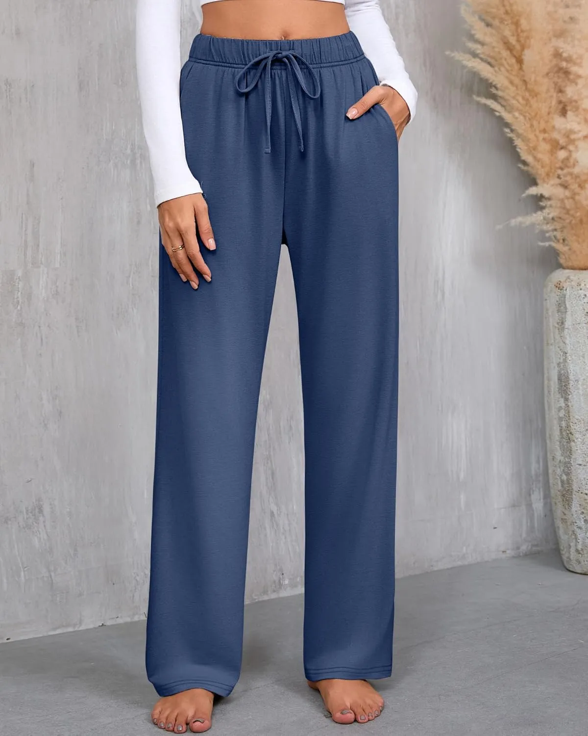 3 Pack Women's Lounge Pants with Pockets Casual Wide Leg Drawstring Yoga Pants Straight Trousers Spring Bottoms