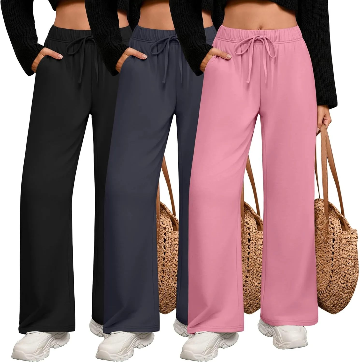 3 Pack Women's Lounge Pants with Pockets Casual Wide Leg Drawstring Yoga Pants Straight Trousers Spring Bottoms