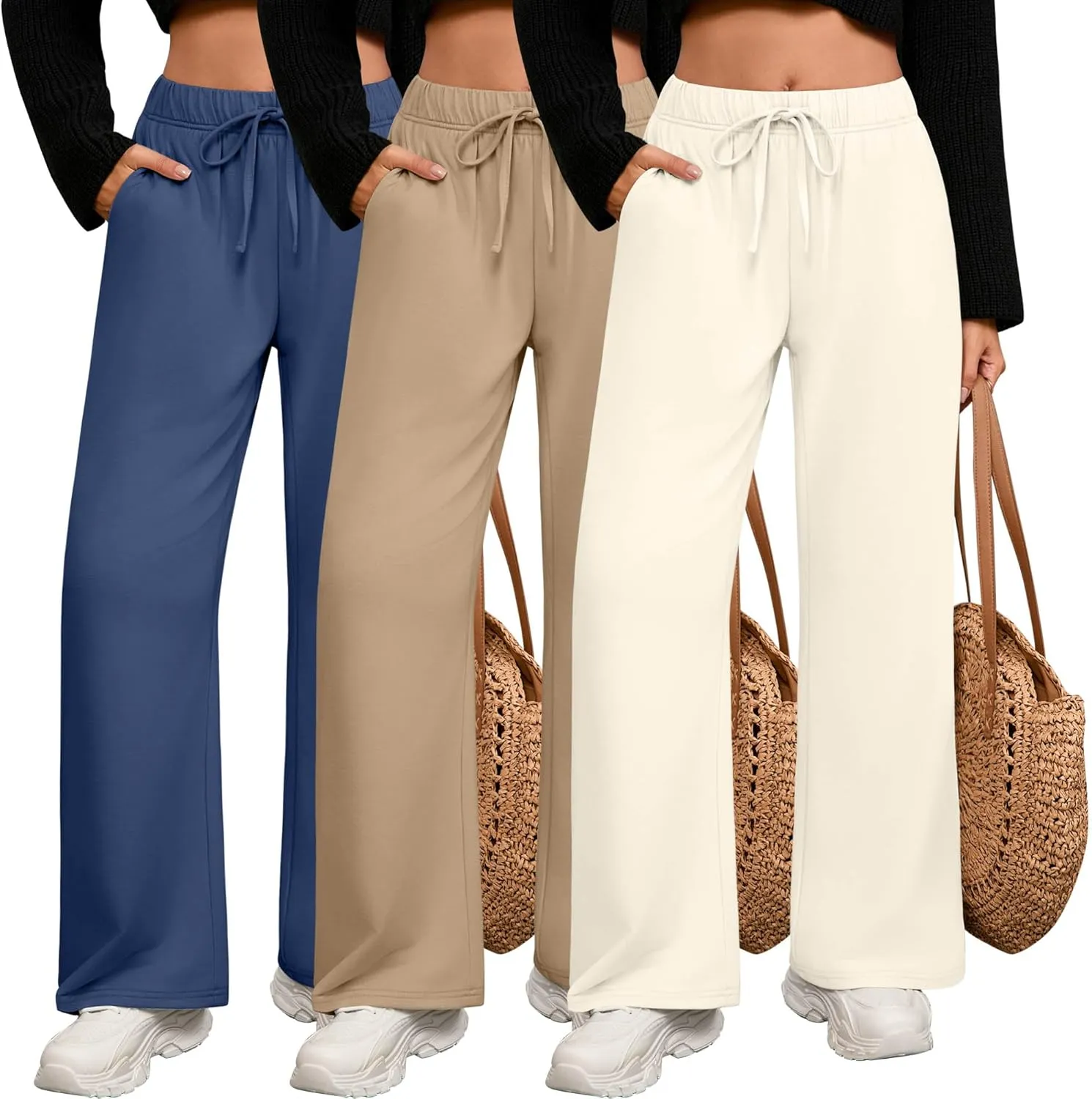 3 Pack Women's Lounge Pants with Pockets Casual Wide Leg Drawstring Yoga Pants Straight Trousers Spring Bottoms