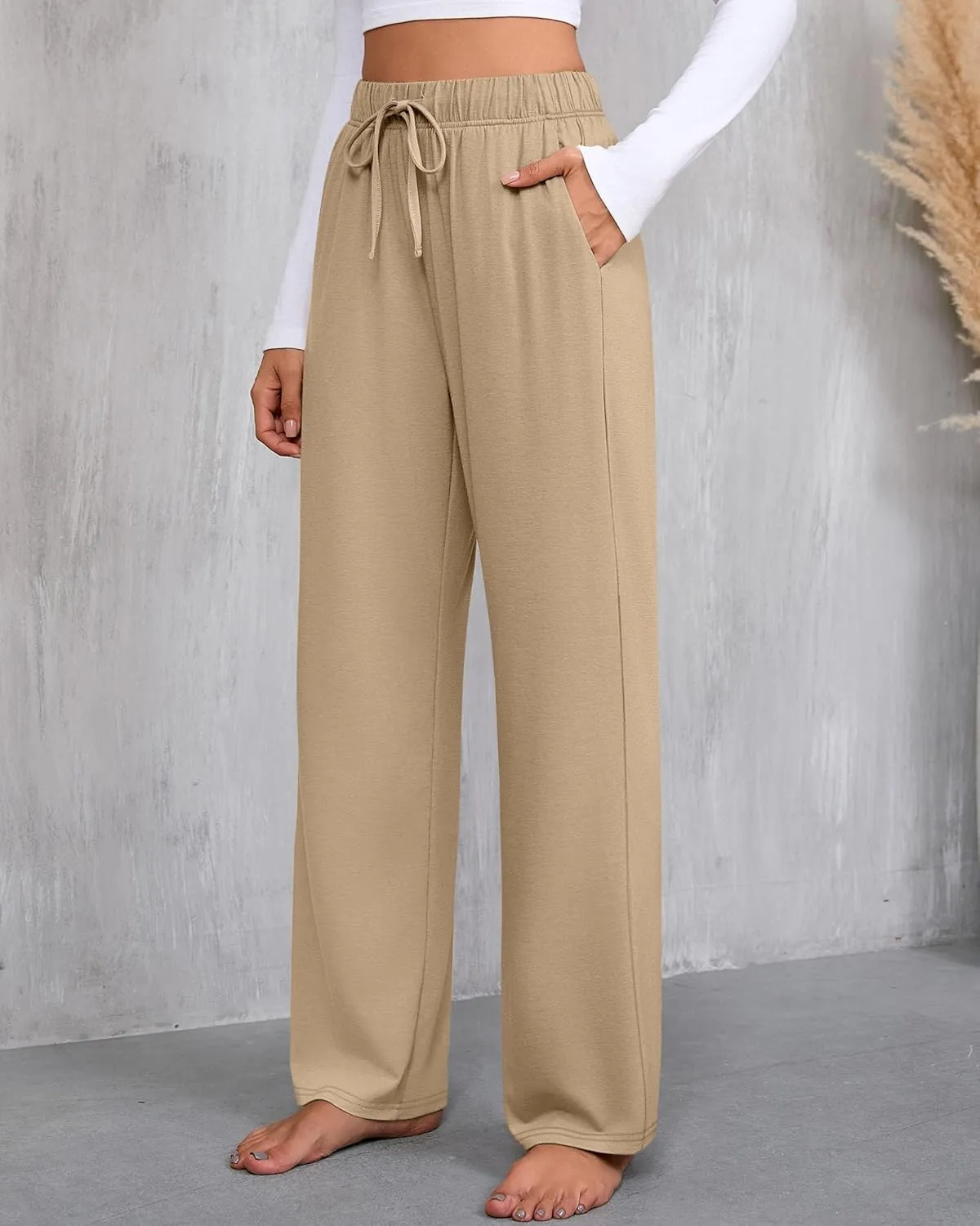 3 Pack Women's Lounge Pants with Pockets Casual Wide Leg Drawstring Yoga Pants Straight Trousers Spring Bottoms