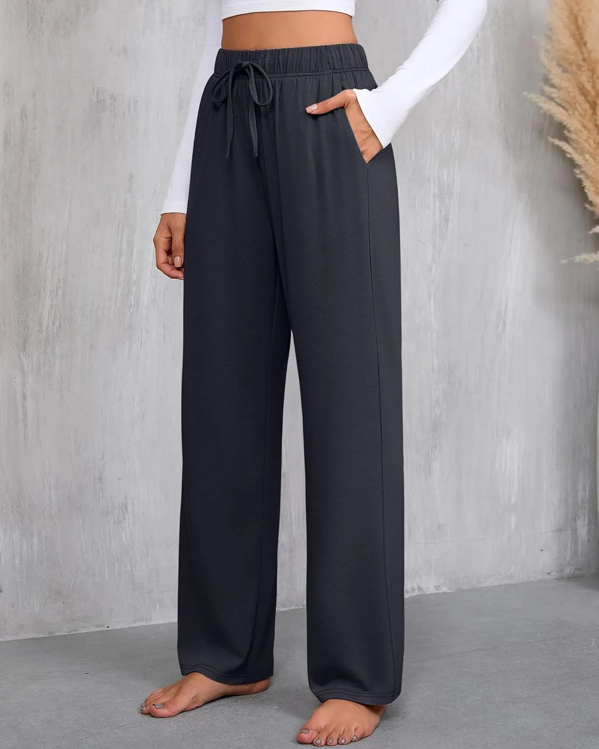 3 Pack Women's Lounge Pants with Pockets Casual Wide Leg Drawstring Yoga Pants Straight Trousers Spring Bottoms