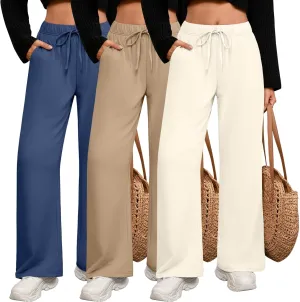 3 Pack Women's Lounge Pants with Pockets Casual Wide Leg Drawstring Yoga Pants Straight Trousers Spring Bottoms