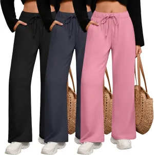 3 Pack Women's Lounge Pants with Pockets Casual Wide Leg Drawstring Yoga Pants Straight Trousers Spring Bottoms