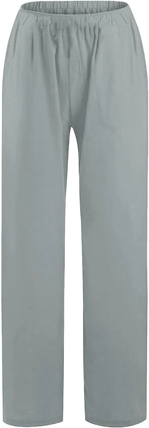 ADHOWBEW Linen Pants Women Casual Plus Size Stretch Petite Dressy Cotton Flowy High Waisted Work Lounge Dress Pants
