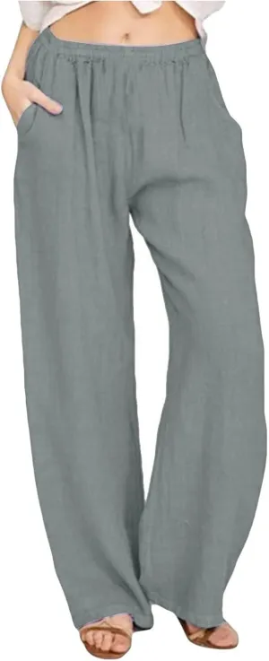 ADHOWBEW Linen Pants Women Casual Plus Size Stretch Petite Dressy Cotton Flowy High Waisted Work Lounge Dress Pants