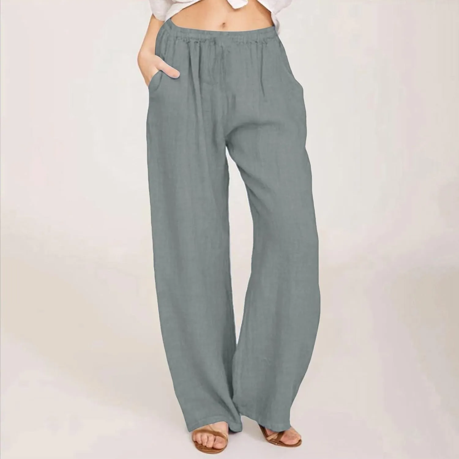 ADHOWBEW Linen Pants Women Casual Plus Size Stretch Petite Dressy Cotton Flowy High Waisted Work Lounge Dress Pants