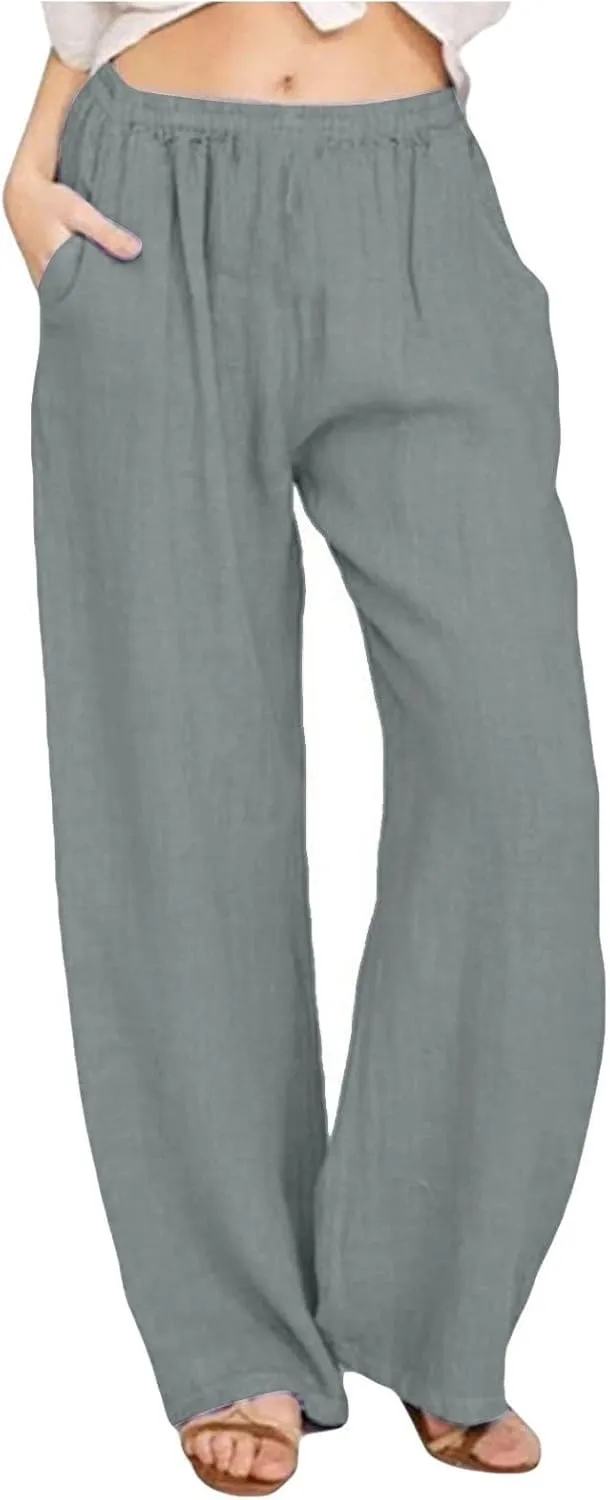 ADHOWBEW Linen Pants Women Casual Plus Size Stretch Petite Dressy Cotton Flowy High Waisted Work Lounge Dress Pants