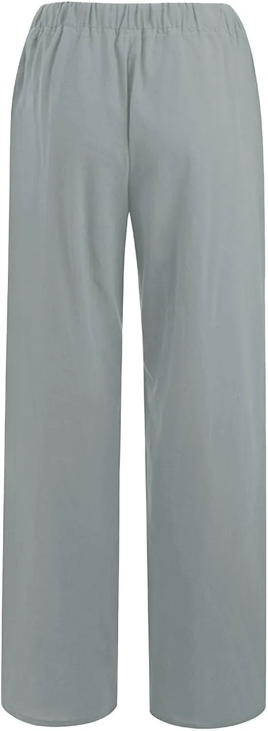ADHOWBEW Linen Pants Women Casual Plus Size Stretch Petite Dressy Cotton Flowy High Waisted Work Lounge Dress Pants
