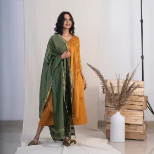 Akiso Gold V Neck Full Pleated Kurta With Palazzo And Green Dupatta (Set of 3)