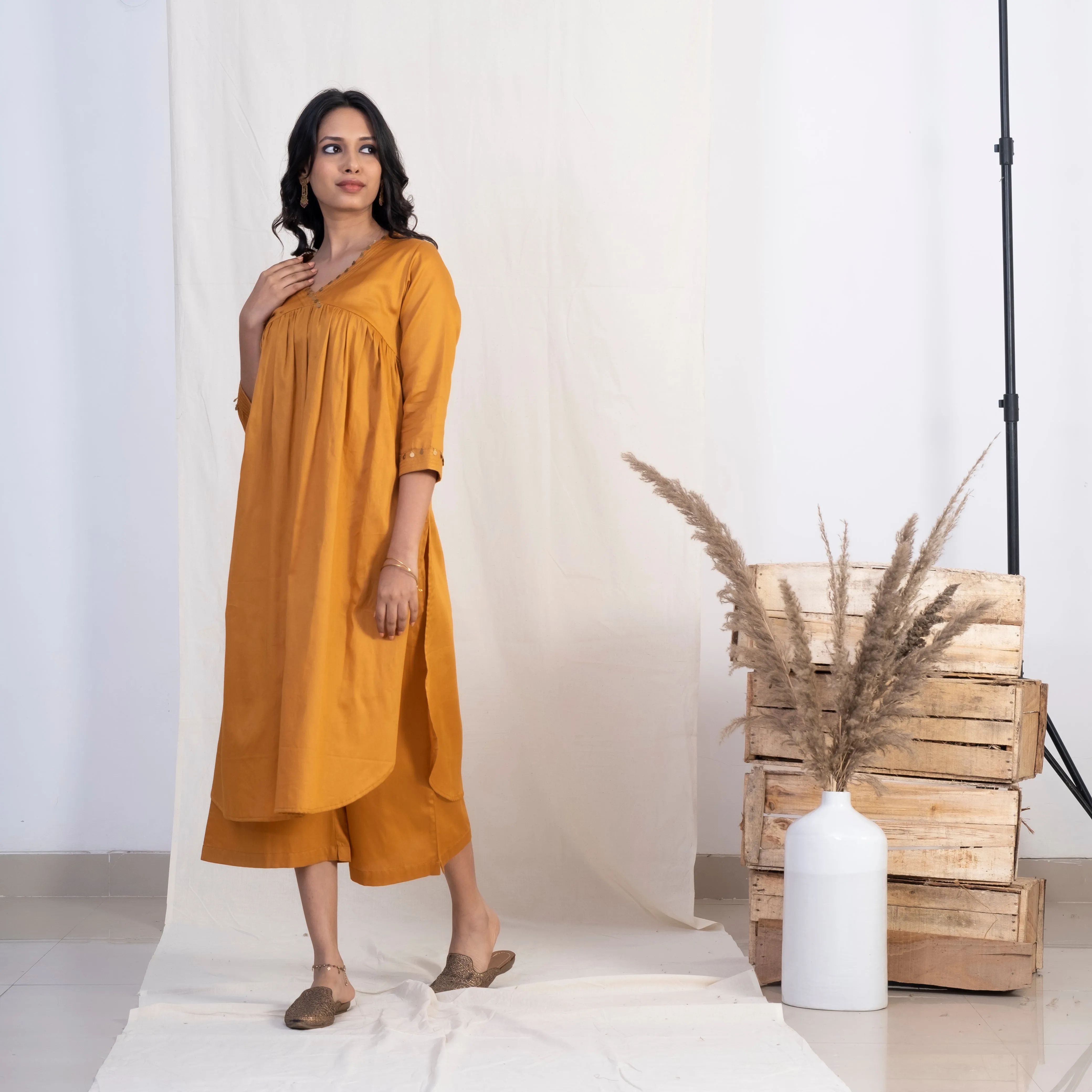 Akiso Gold V Neck Full Pleated Kurta With Palazzo And Green Dupatta (Set of 3)