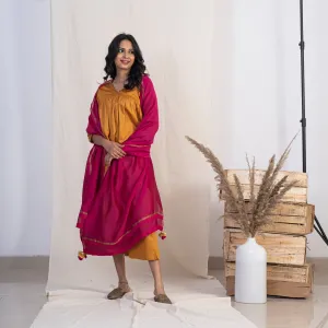 Akiso Gold V Neck Full Pleated Kurta With Palazzo And Pink Dupatta (Set of 3)