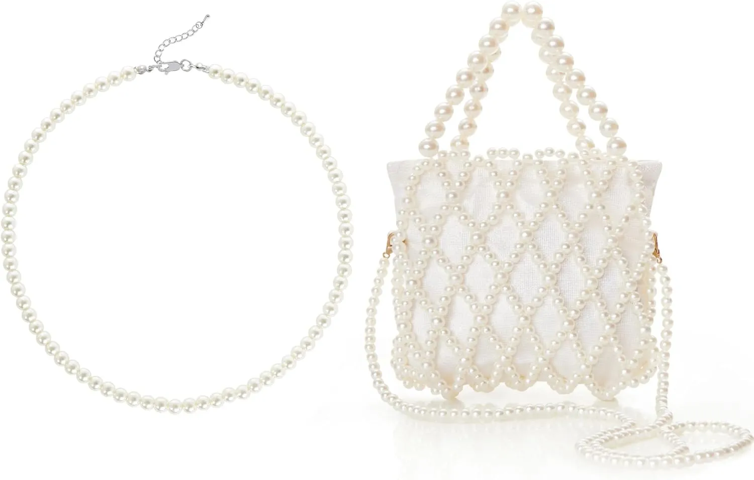 BABEYOND Round Imitation Pearl Necklace Wedding Pearl Necklace for Brides Women Pearl Clutch Purse Bucket Beaded Bridal Evening Bag Formal Reticulated Bag with Inner Bag