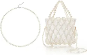 BABEYOND Round Imitation Pearl Necklace Wedding Pearl Necklace for Brides Women Pearl Clutch Purse Bucket Beaded Bridal Evening Bag Formal Reticulated Bag with Inner Bag