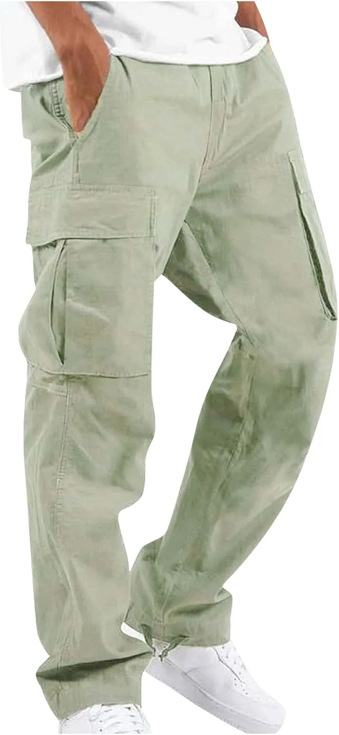 Baggy Cargo Pants for Men Casual Drawstring Waist Hiking Pants with Pockets Outdoor Lightweight Parachute Pants