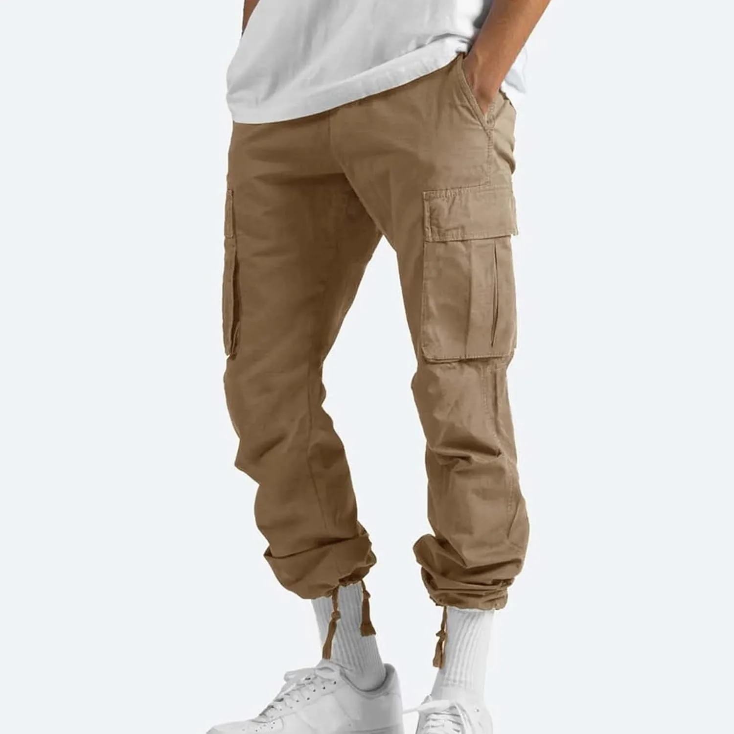 Baggy Cargo Pants for Men Casual Drawstring Waist Hiking Pants with Pockets Outdoor Lightweight Parachute Pants
