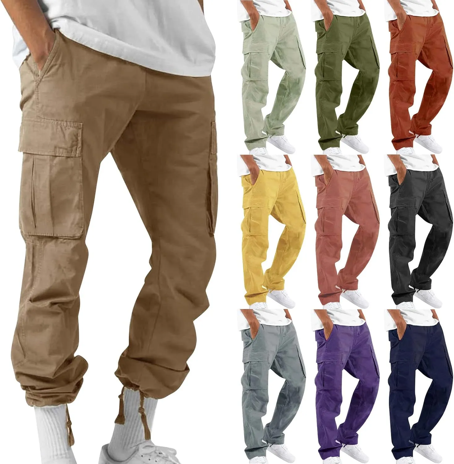 Baggy Cargo Pants for Men Casual Drawstring Waist Hiking Pants with Pockets Outdoor Lightweight Parachute Pants