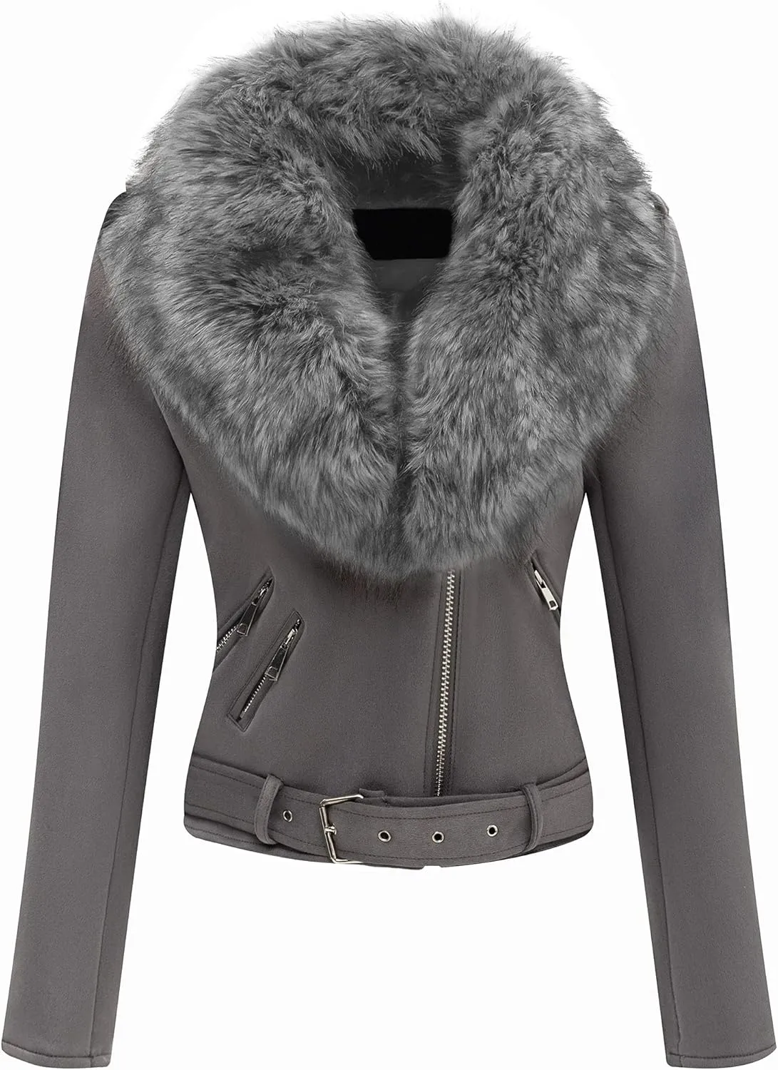 Bellivera Women Faux Leather Suede Jacket Moto Biker Coat Sherpa-Lined Overcoat with Removable Belt