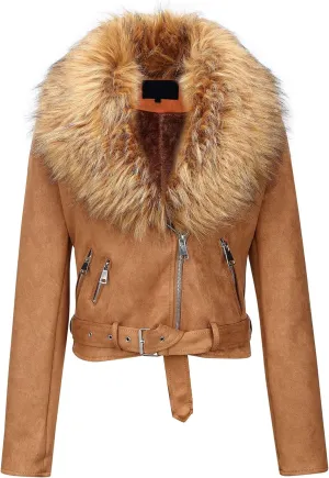 Bellivera Women Faux Leather Suede Jacket Moto Biker Coat Sherpa-Lined Overcoat with Removable Belt