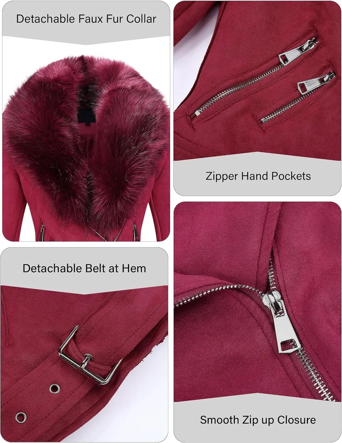 Bellivera Women Faux Leather Suede Jacket Moto Biker Coat Sherpa-Lined Overcoat with Removable Belt