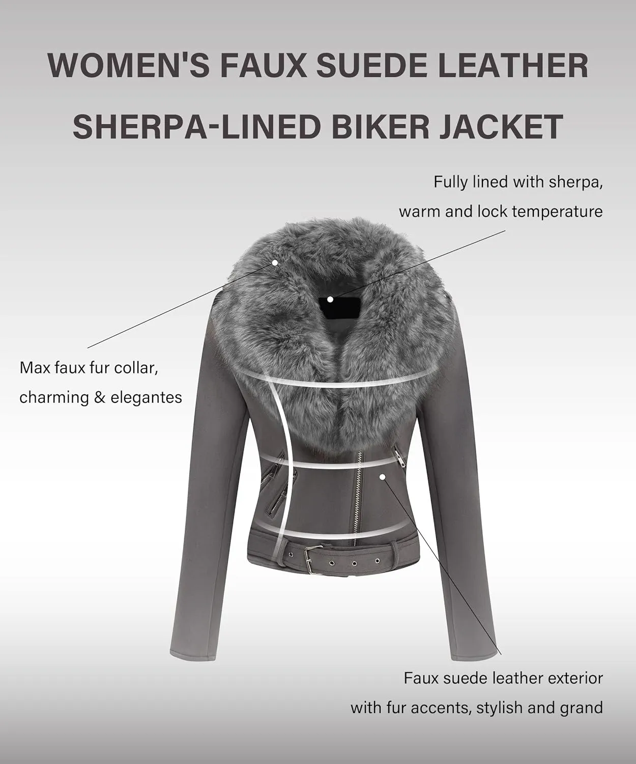 Bellivera Women Faux Leather Suede Jacket Moto Biker Coat Sherpa-Lined Overcoat with Removable Belt