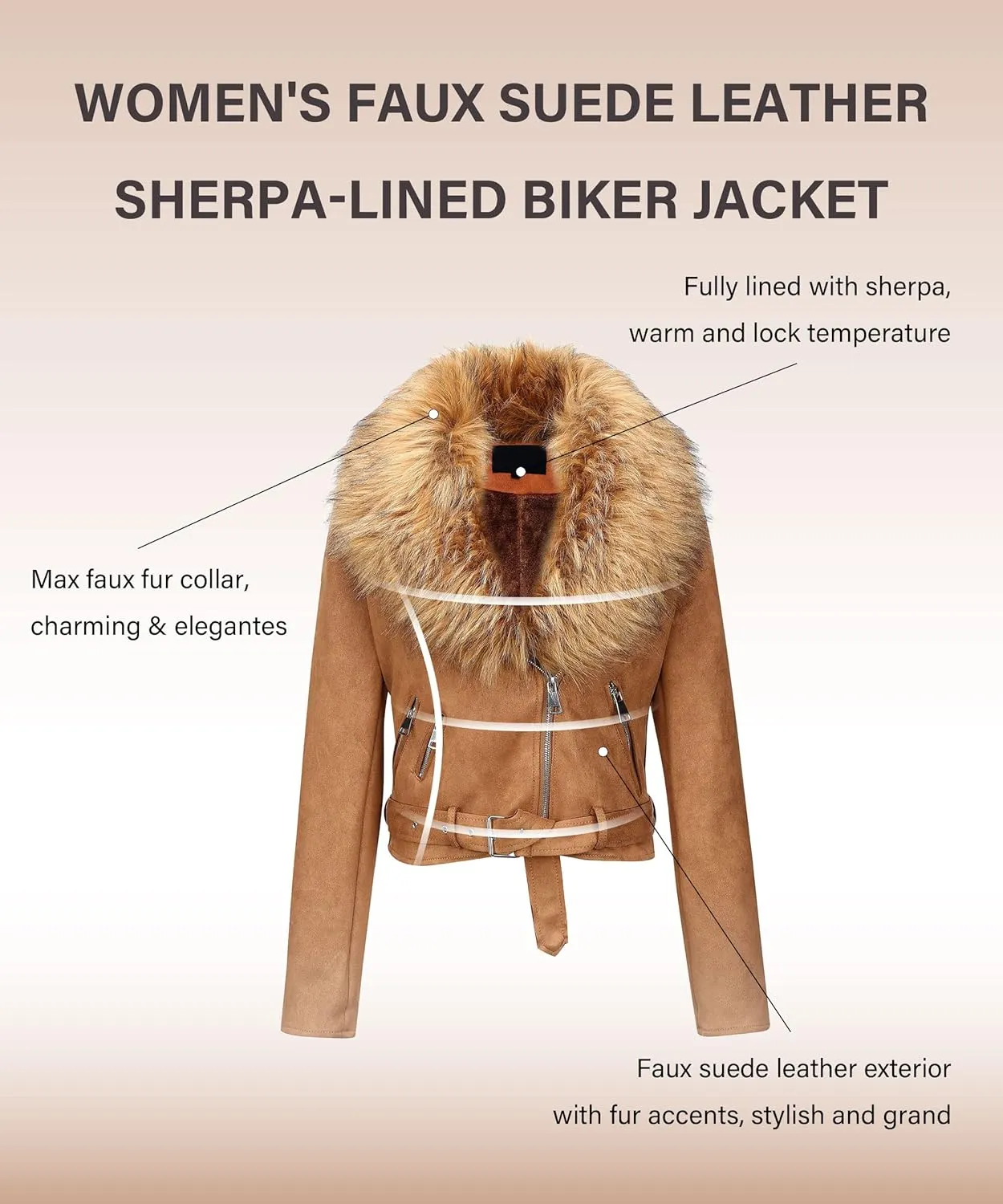 Bellivera Women Faux Leather Suede Jacket Moto Biker Coat Sherpa-Lined Overcoat with Removable Belt