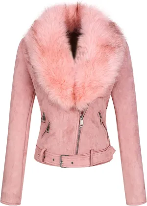 Bellivera Women Faux Leather Suede Jacket Moto Biker Coat Sherpa-Lined Overcoat with Removable Belt