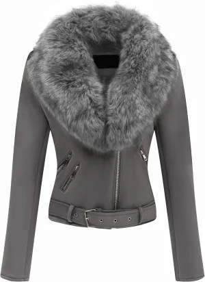Bellivera Women Faux Leather Suede Jacket Moto Biker Coat Sherpa-Lined Overcoat with Removable Belt