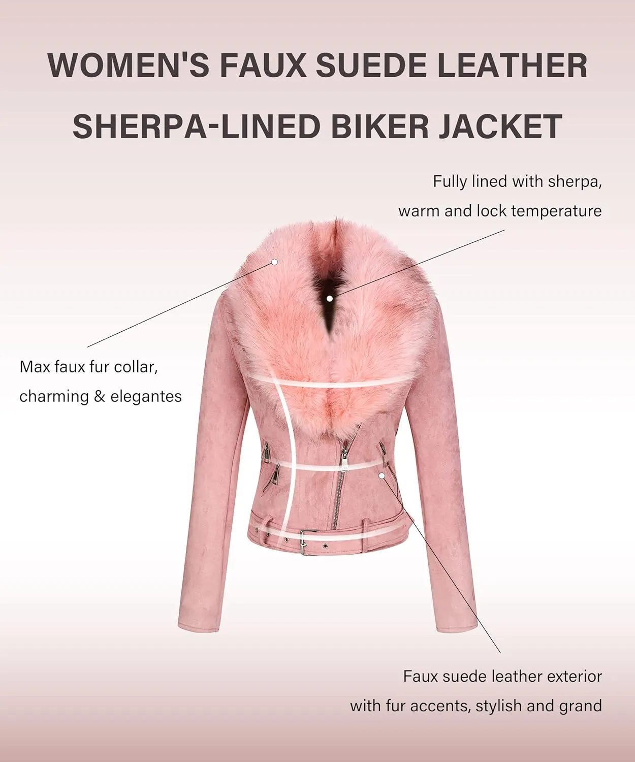 Bellivera Women Faux Leather Suede Jacket Moto Biker Coat Sherpa-Lined Overcoat with Removable Belt