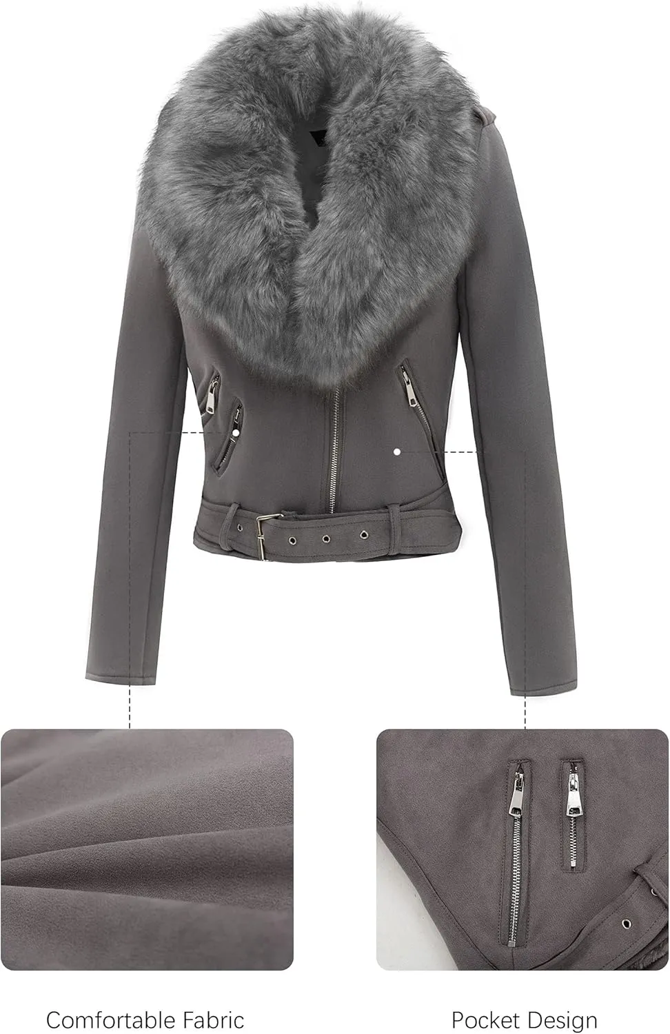 Bellivera Women Faux Leather Suede Jacket Moto Biker Coat Sherpa-Lined Overcoat with Removable Belt