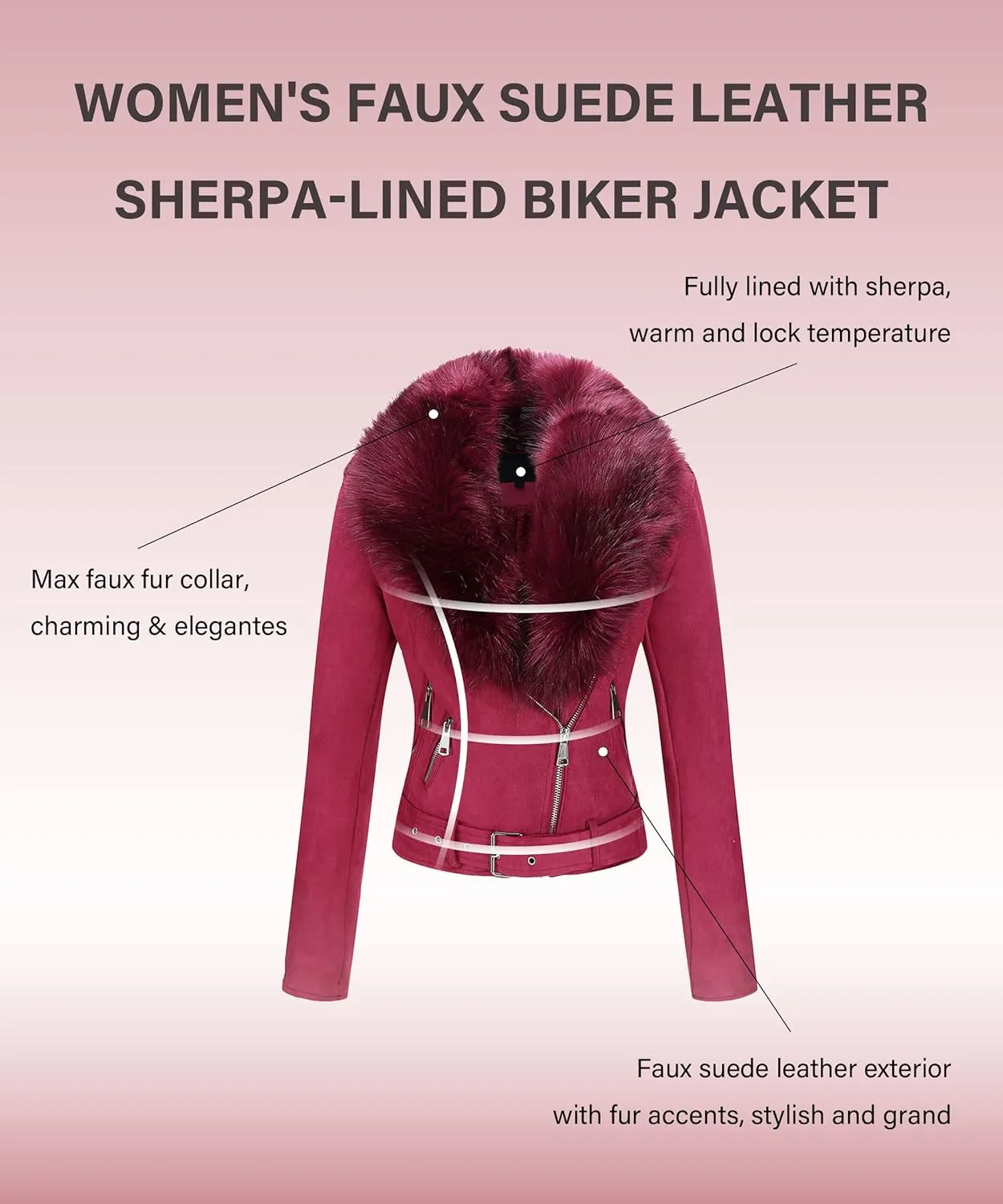 Bellivera Women Faux Leather Suede Jacket Moto Biker Coat Sherpa-Lined Overcoat with Removable Belt