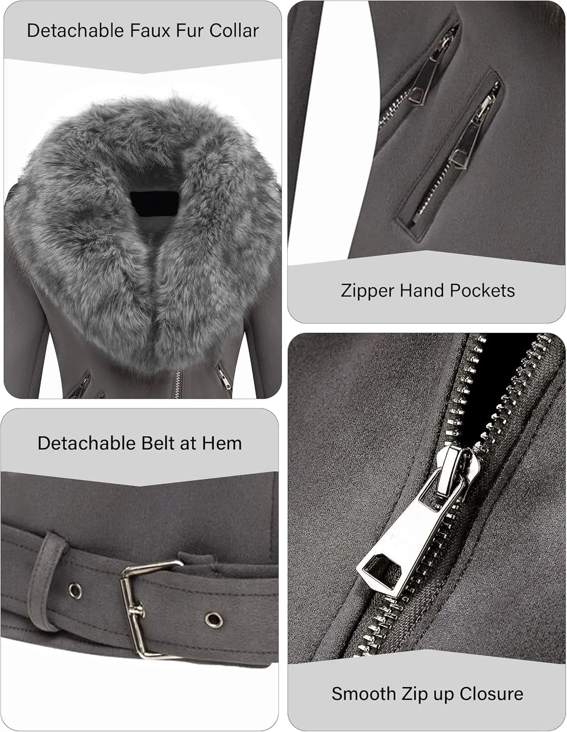 Bellivera Women Faux Leather Suede Jacket Moto Biker Coat Sherpa-Lined Overcoat with Removable Belt
