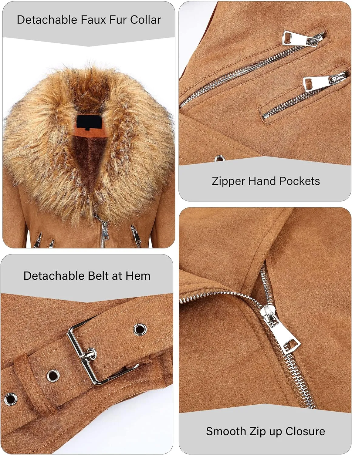 Bellivera Women Faux Leather Suede Jacket Moto Biker Coat Sherpa-Lined Overcoat with Removable Belt