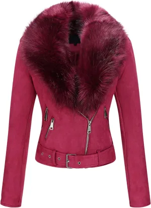 Bellivera Women Faux Leather Suede Jacket Moto Biker Coat Sherpa-Lined Overcoat with Removable Belt