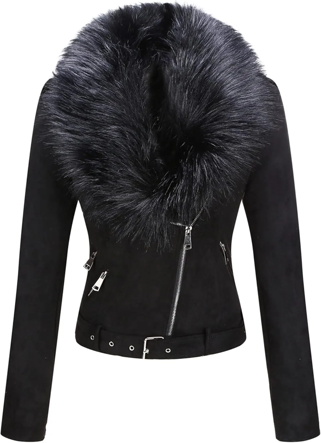 Bellivera Women Faux Leather Suede Jacket Moto Biker Coat Sherpa-Lined Overcoat with Removable Belt