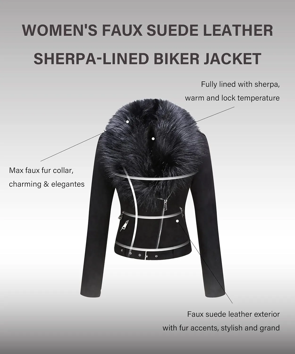 Bellivera Women Faux Leather Suede Jacket Moto Biker Coat Sherpa-Lined Overcoat with Removable Belt