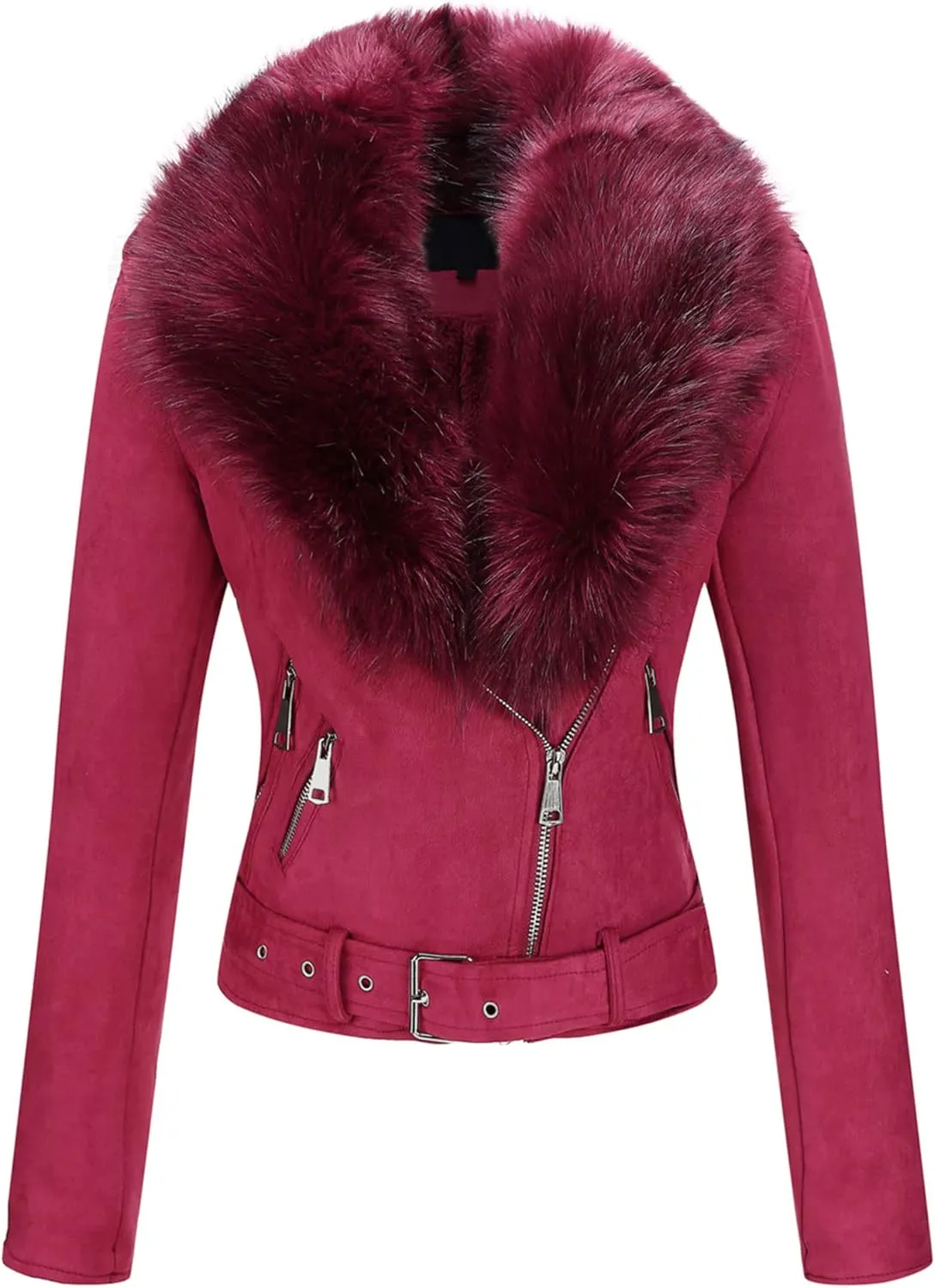 Bellivera Women Faux Leather Suede Jacket Moto Biker Coat Sherpa-Lined Overcoat with Removable Belt