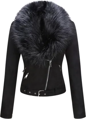 Bellivera Women Faux Leather Suede Jacket Moto Biker Coat Sherpa-Lined Overcoat with Removable Belt