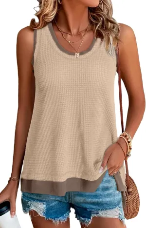 BLENCOT Women's Waffle Knit Summer Tank Top Casual Scoop Neck Sleeveless Loose Tunic Tops