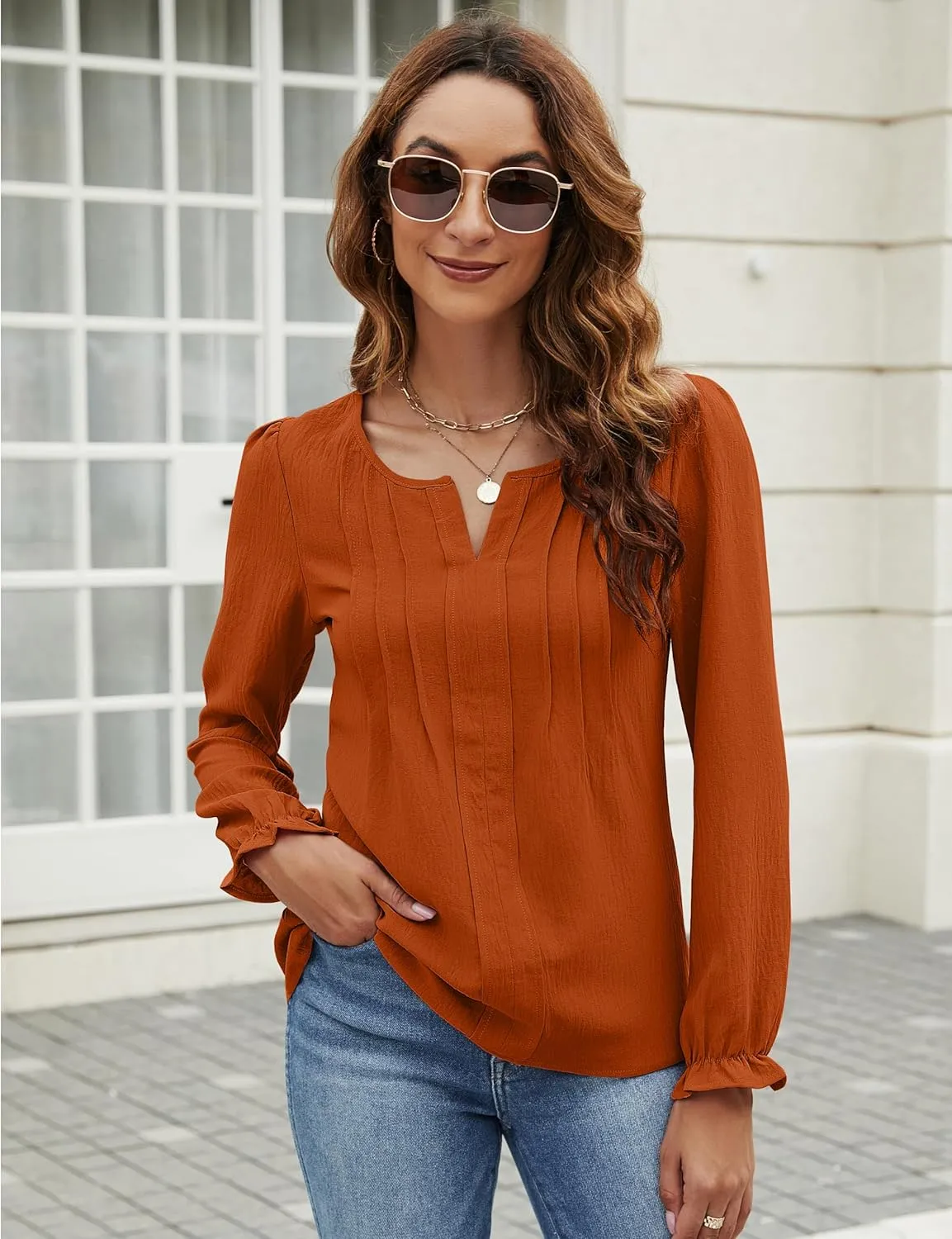 Blooming Jelly Womens Tops Dressy Casual Long Sleeve Shirts V Neck Chiffon Blouses Fall Clothes 2024