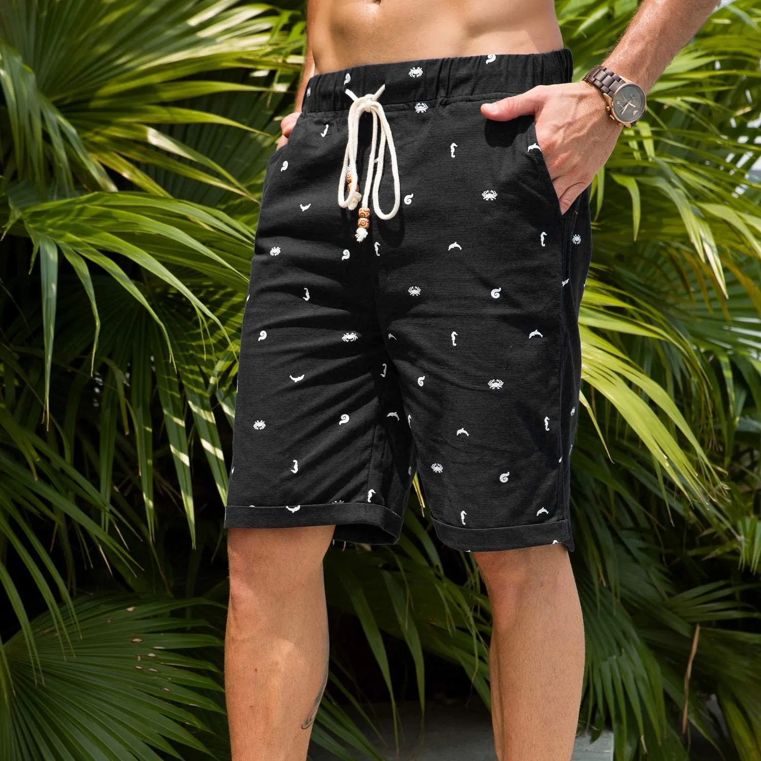 Boisouey Men's Linen Casual Classic Fit Short Summer Beach Shorts