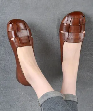 Brown Flat Feet Shoes Cowhide Leather Stylish Splicing Flat Shoes For Women LC0537