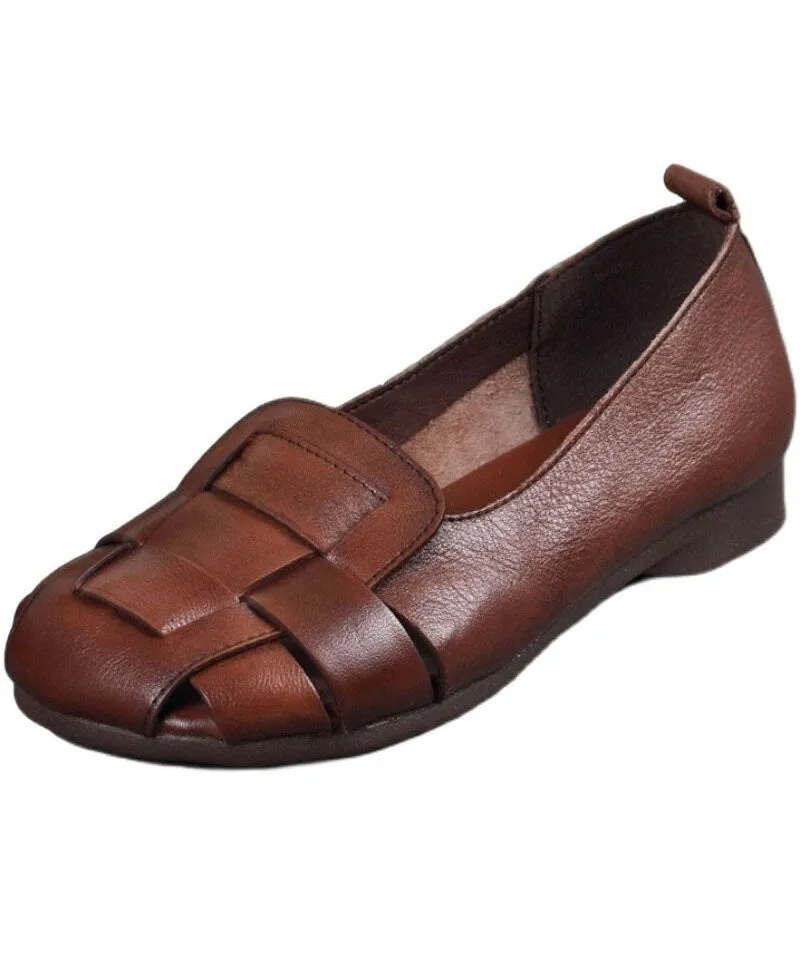 Brown Flat Feet Shoes Cowhide Leather Stylish Splicing Flat Shoes For Women LC0537