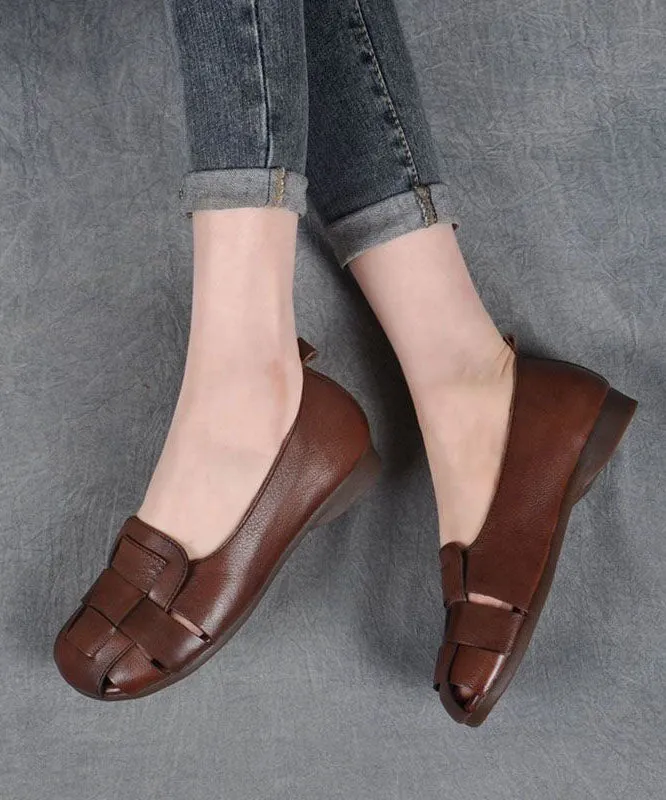 Brown Flat Feet Shoes Cowhide Leather Stylish Splicing Flat Shoes For Women LC0537
